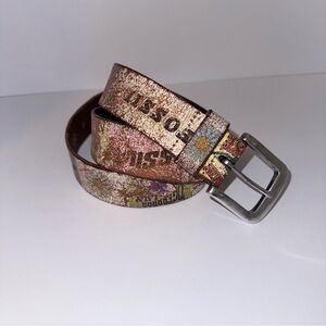 (SOLD) Vintage Fossil Leather Belt Distressed Floral Embossed Boho Y2K Silver